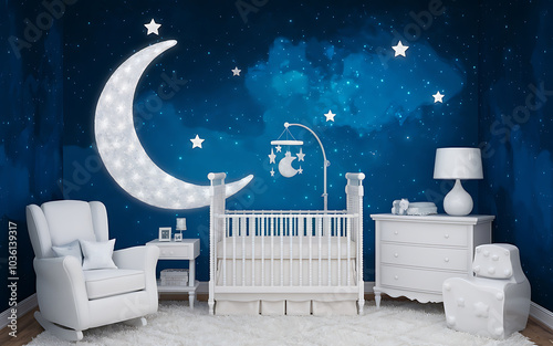 White crib and rocking chair in a nursery with a blue starry night sky wall mural   Sweet Dreams Baby Nursery Decor    photo