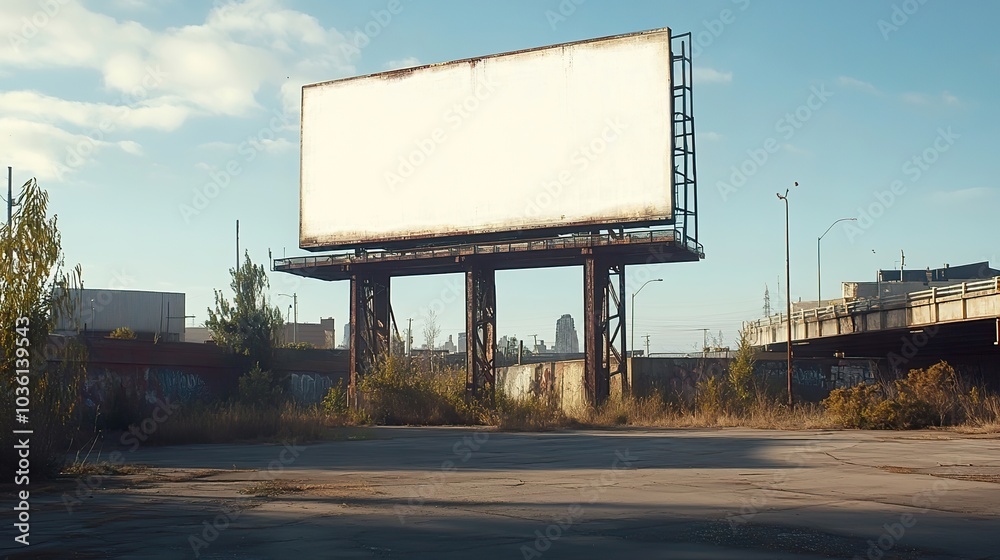 A blank, rectangular billboard positioned on a tall metal structure in an empty urban plaza. A blank, rectangular billboard positioned on a tall metal structure in an empty urban plaza.