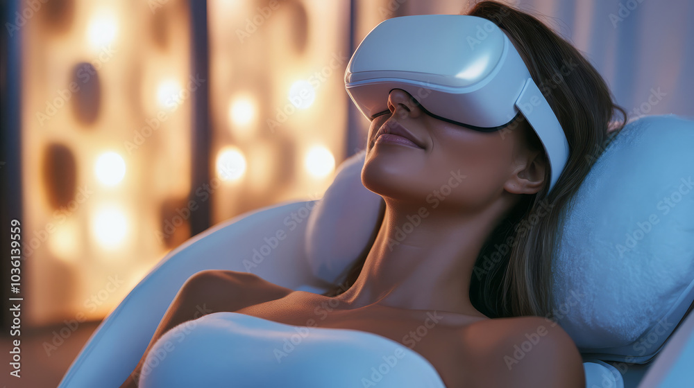 Naklejka premium woman relaxes with virtual reality headset, enjoying soothing experience in modern, ambient lit room. scene conveys sense of tranquility and advanced technology