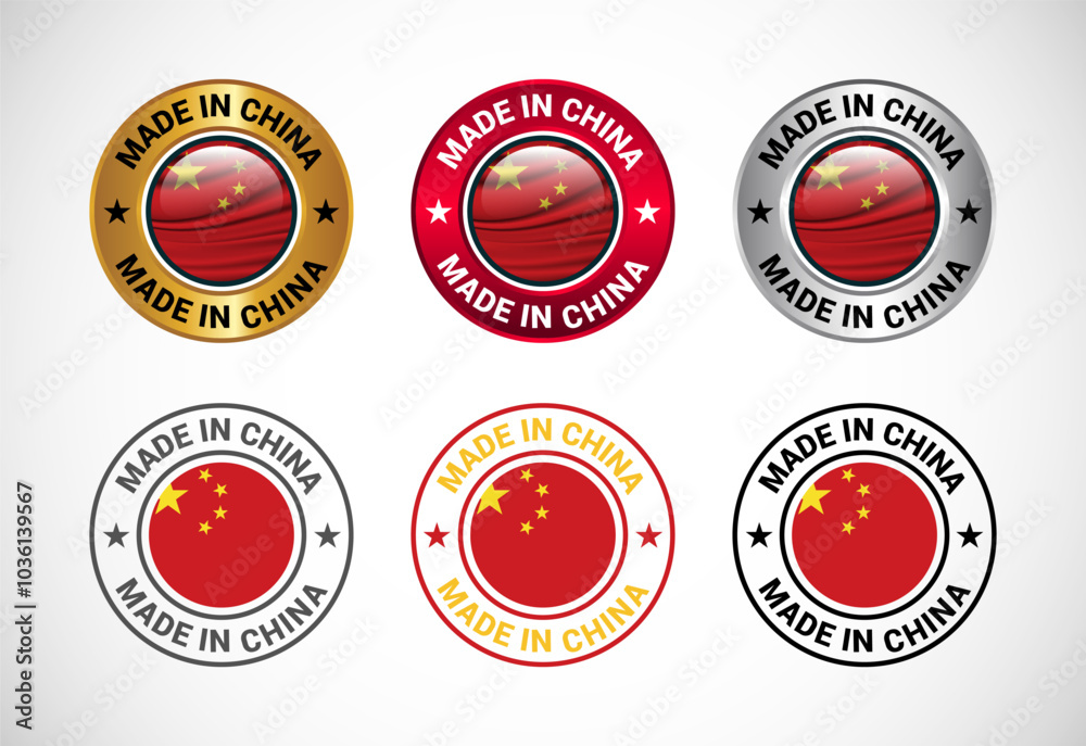 Made in China label icon with flag. Icon set for business, badge, seal, sticker, logo, and symbol Made in China label icon with flag. Icon set for business, badge, seal, sticker, logo, and symbol