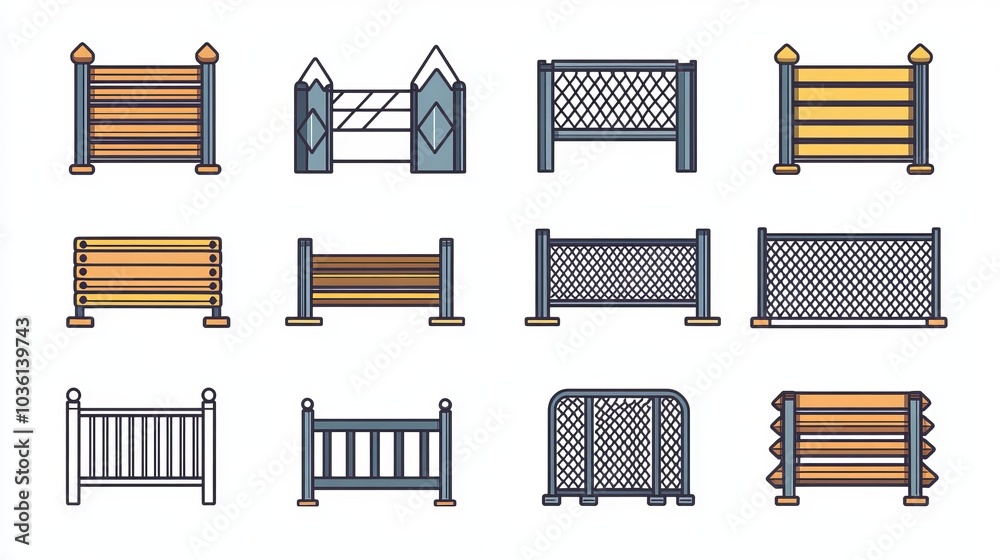 Flat line icon set of fences, including wood, metal sheets, wire mesh, and crowd control barricades. Outline vector illustrations for store protection. Editable strokes Flat line icon set of fences, including wood, metal sheets, wire mesh, and crowd control barricades. Outline vector illustrations for store protection. Editable strokes