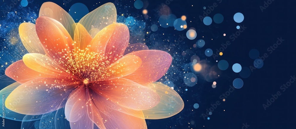 A glowing, abstract flower with iridescent petals and glittering dust on a dark blue background with bokeh. A glowing, abstract flower with iridescent petals and glittering dust on a dark blue background with bokeh.
