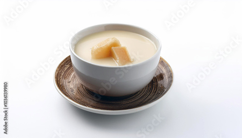 A bowl of creamy Bajigur, a sweet Indonesian coconut milk drink with ginger, sits on a dark saucer.  The background is solid white. photo