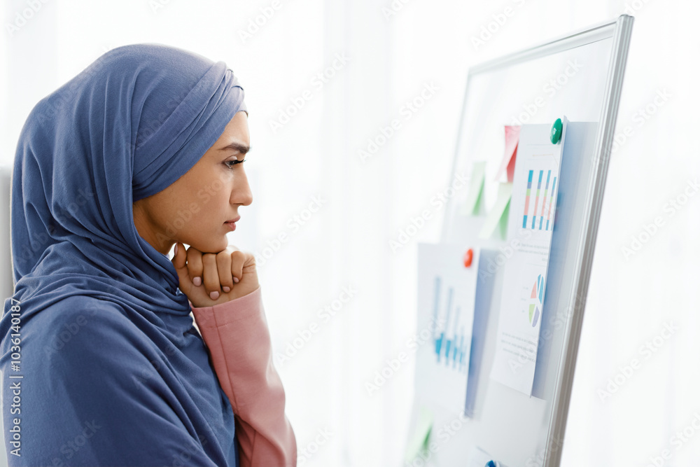 Concerned muslim business lady watching infographics at flip chart in office with pensive face expression, unhappy with company performance, side view Concerned muslim business lady watching infographics at flip chart in office with pensive face expression, unhappy with company performance, side view