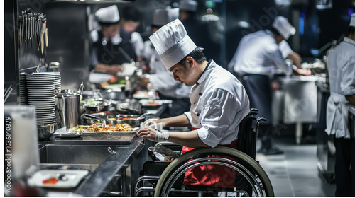 Wallpaper Mural Chef in a Wheelchair Working in a Busy Professional Kitchen, Demonstrating Inclusivity Torontodigital.ca