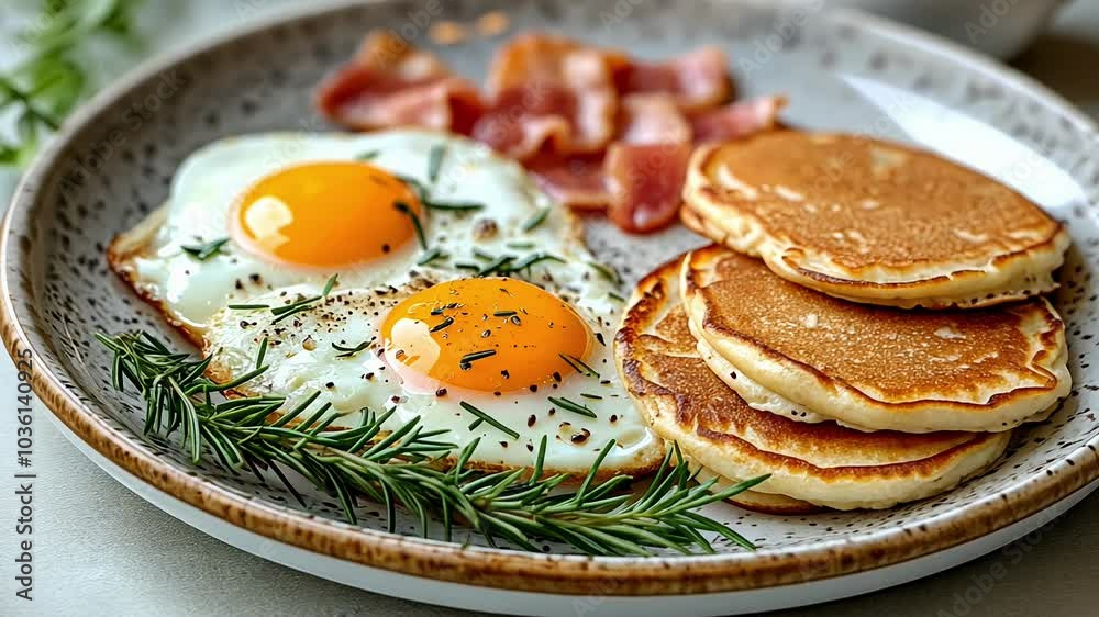 Enjoy a Delicious Breakfast of Sunny-Side up Eggs, Pancakes, and Crispy Bacon Served on a Rustic Plate With Herbs Enjoy a Delicious Breakfast of Sunny-Side up Eggs, Pancakes, and Crispy Bacon Served on a Rustic Plate With Herbs
