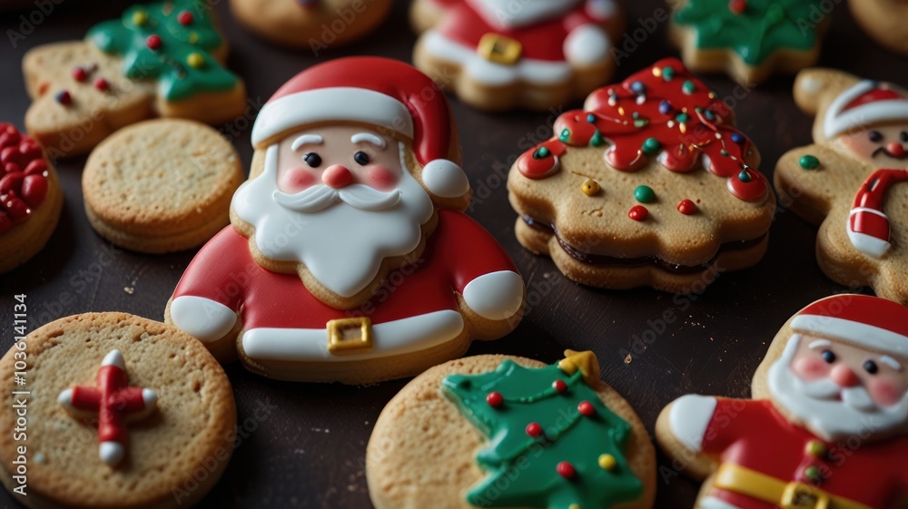 A close-up view of decorated Christmas cookies on a wooden table. A close-up view of decorated Christmas cookies on a wooden table.