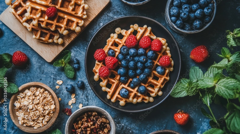 Breakfast spread featuring fresh berries, granola, and waffles Breakfast spread featuring fresh berries, granola, and waffles
