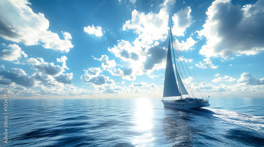 Fototapeta premium A luxury yacht elegantly races across the open sea beneath a vibrant blue sky adorned with fluffy white clouds on a sunny day