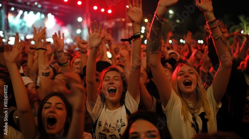 A vibrant crowd at a concert, celebrating and enjoying the live music experience.