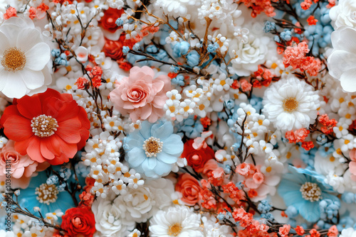 Seamless pattern of ultra-realistic flowers in various colors, featuring detailed blossoms and delicate branches. Ideal for nature-inspired designs, textiles, and artistic backgrounds.