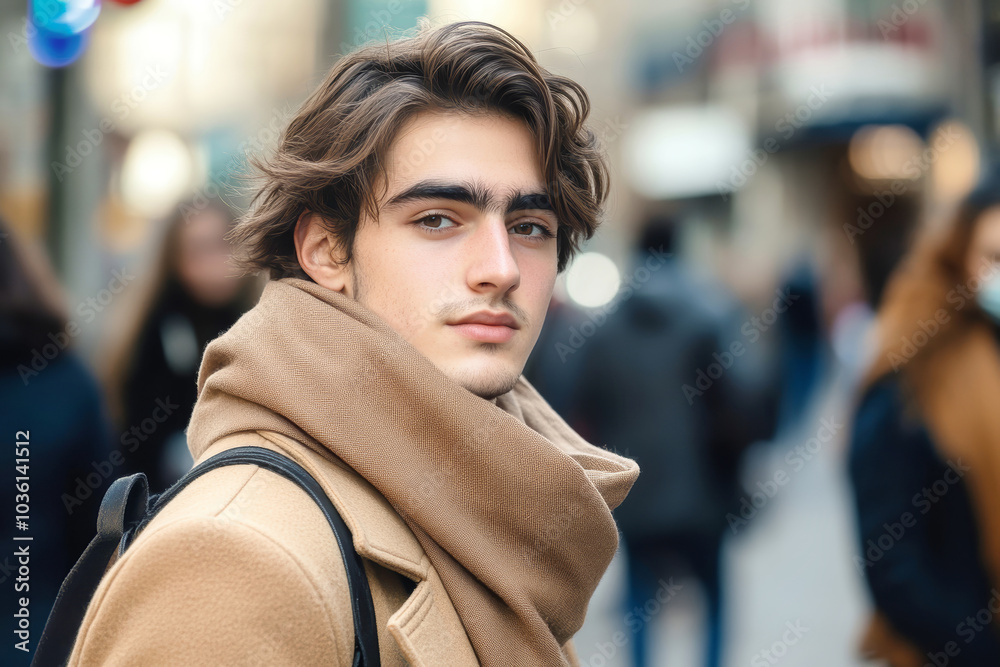 Fototapeta premium Handsome young man in a beige coat and scarf walking through a bustling city street with people passing by on a bright day