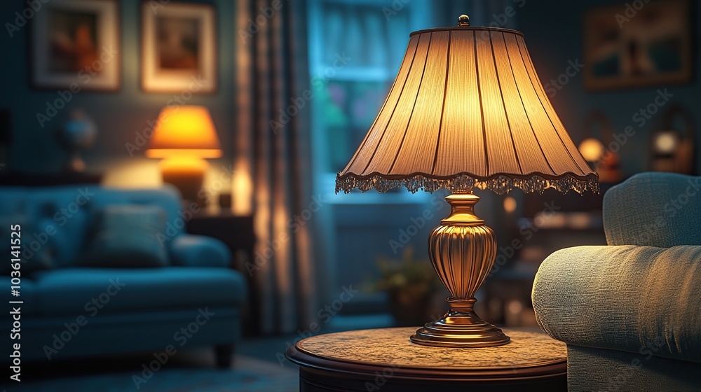 Cozy living room with a warm lamp glow. Cozy living room with a warm lamp glow.