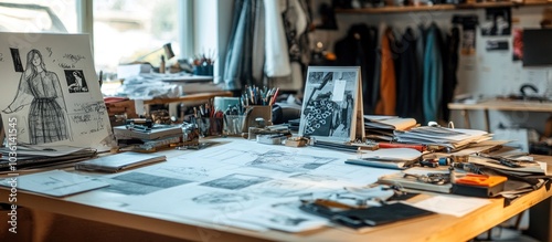 A messy artist's workspace with tools, sketches, and drawings on a wooden table.