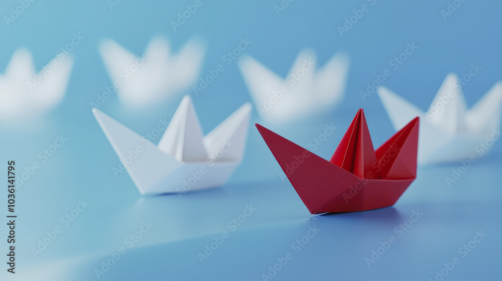 Red Origami Boat Leading White Boats on a Blue Background, Symbolizing Leadership and Innovation Red Origami Boat Leading White Boats on a Blue Background, Symbolizing Leadership and Innovation