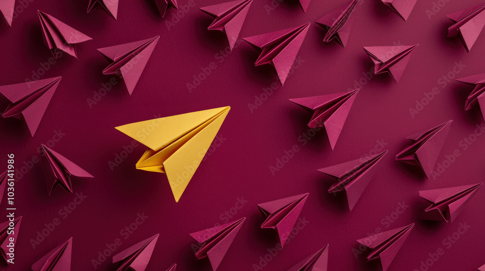 Yellow Paper Plane Standing Out Among Red Planes, Representing Leadership and Uniqueness