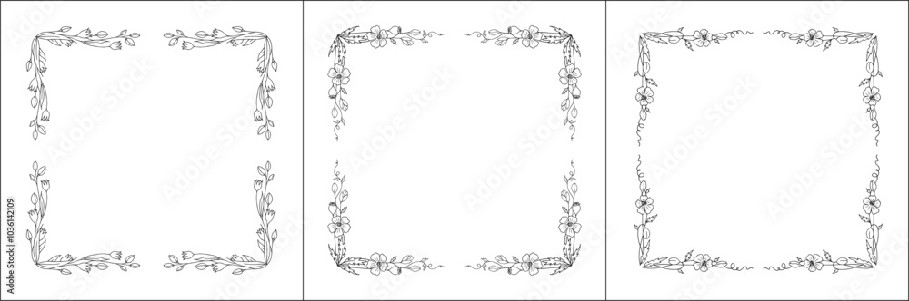 Set of three vector decorative frames, vegetal ornamental frame with flowers, decorative border, corners. Isolated vector illustration. Set of three vector decorative frames, vegetal ornamental frame with flowers, decorative border, corners. Isolated vector illustration.