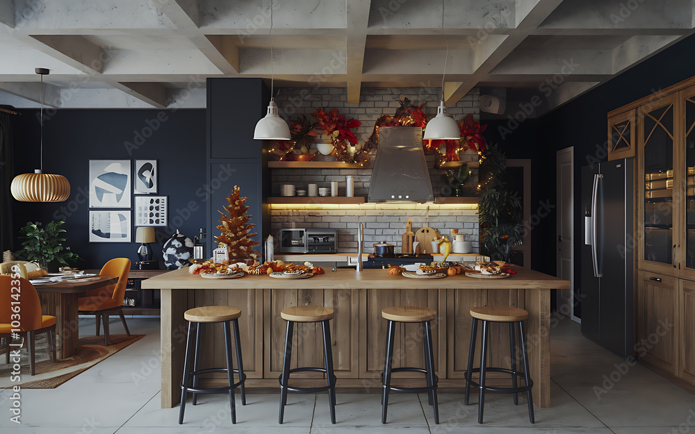 Modern kitchen island with wooden countertop and black bar stools  decorated for Thanksgiving with autumn leaves and pumpkins   