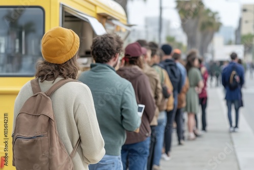 Long queue at a foodtruck. People lined up for food on the street. Customers at yellow street food truck. .