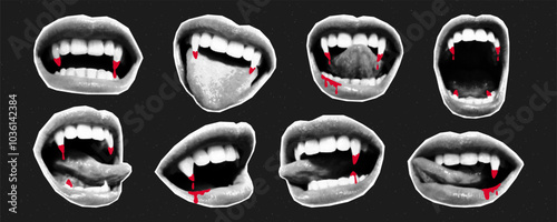 Open mouths of vampire with different emotions cut out of paper, halftone collage stickers. Sharp fangs with drops of blood, creepy bite, creepy Halloween.