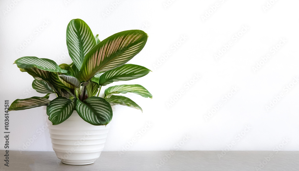 Fototapeta premium Calathea ornata leaves or Pin stripe Calathea, Tropical foliage in white pot on side position provides copy space for text. background concept isolated white