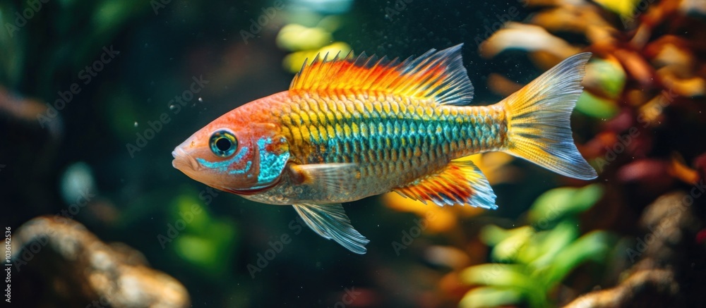 Close-up of a colorful fish swimming in an aquarium, with a blurry background of green plants.
