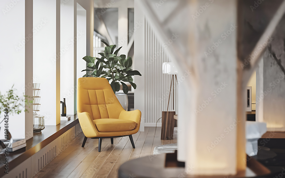Yellow armchair and green plant in a modern living room minimalist design inviting and cozy Yellow armchair and green plant in a modern living room minimalist design inviting and cozy