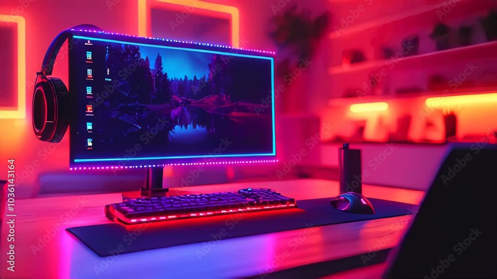 A cozy, ambient gaming setup with a large monitor, speakers, and atmospheric lighting, perfect for online streaming A cozy, ambient gaming setup with a large monitor, speakers, and atmospheric lighting, perfect for online streaming