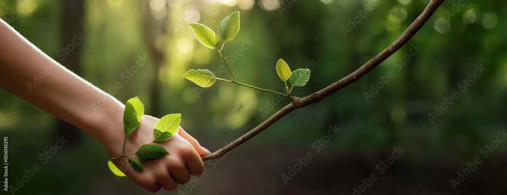 A hand gently holding a branch with fresh green leaves, in a lush forest with soft sunlight. International Day of Forests. Panorama with copy space.