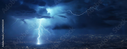 A lightning storm over a city skyline at night, with bolts striking the ground. Panorama with copy space for your text.