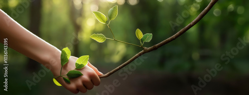 Obraz na płótnie A hand gently holding a branch with fresh green leaves, in a lush forest with soft sunlight. International Day of Forests. Panorama with copy space. w salonie