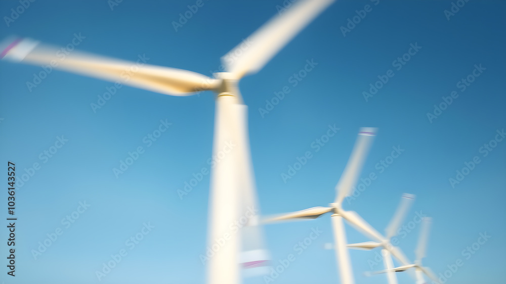 A conceptual image of wind energy, with blurred motion of turbine blades spinning against a clear sky, symbolizing the generation of clean power. Generative AI A conceptual image of wind energy, with blurred motion of turbine blades spinning against a clear sky, symbolizing the generation of clean power. Generative AI
