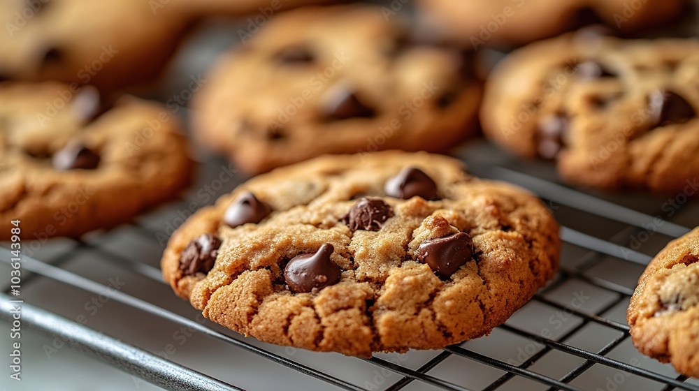 Freshly baked chocolate chip cookies on a rack. Freshly baked chocolate chip cookies on a rack.