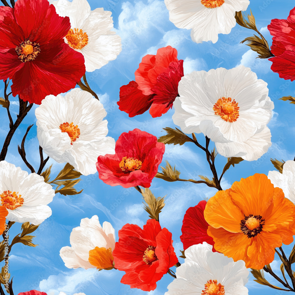 custom made wallpaper toronto digitalSeamless floral pattern featuring vibrant watercolor flowers in red, blue, yellow, and white. Perfect for vintage-inspired designs, fabric prints, and botanical decorations.