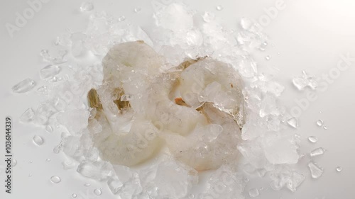 Freshly caught shrimp with ice. Close-up