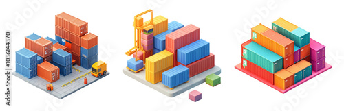 PNG Cargo Containers in Dynamic Warehouse Setting, 3D icons and objects collection, in cartoon style isolated on transparent background
