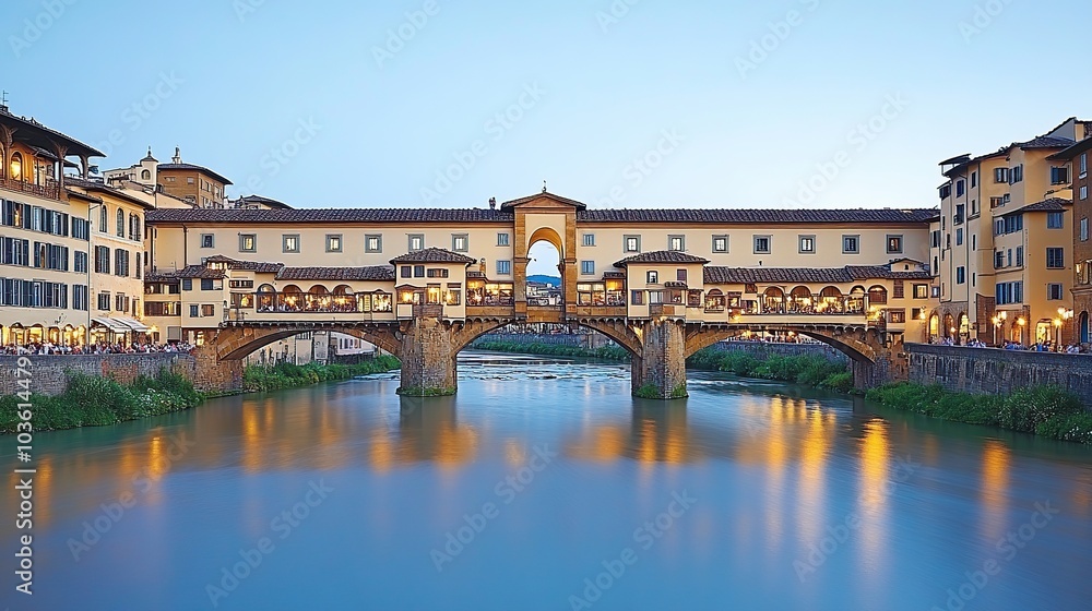 Obraz premium Historic bridge over a tranquil river at dusk.
