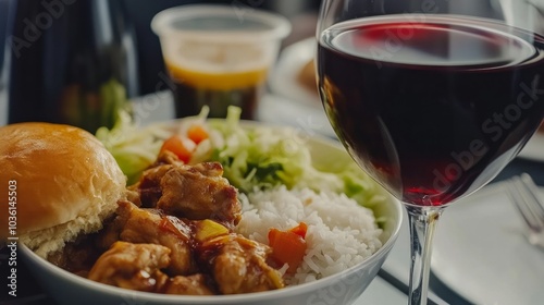 Asian set dinner given aboard airplanes, including rice and spicy chicken, as well as appetizers, desserts, buns, and red wine