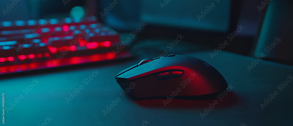 Sleek gaming mouse with soft red lighting sits on a black mousepad next to a keyboard, creating a futuristic and immersive atmosphere with vibrant lighting effects Sleek gaming mouse with soft red lighting sits on a black mousepad next to a keyboard, creating a futuristic and immersive atmosphere with vibrant lighting effects