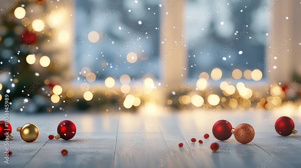 Red and gold ornaments adorn a wooden floor in front of a Christmas tree, illuminated by a book of twinkling lights in the background Red and gold ornaments adorn a wooden floor in front of a Christmas tree, illuminated by a book of twinkling lights in the background