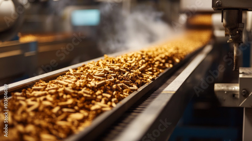 Cigarettes are being made in a factory, with tobacco moving along a machine belt.