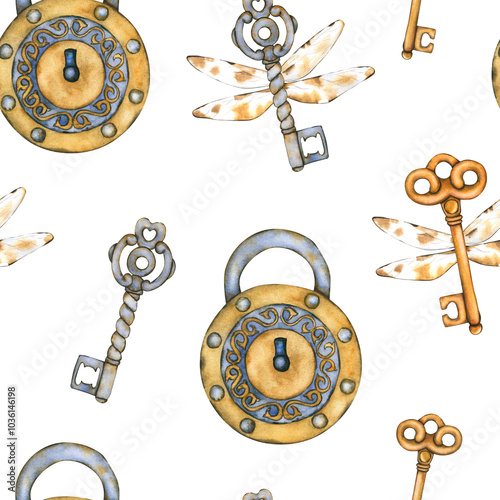 Watercolor seamless pattern with flying keys and an old lock. Vintage background with old-fashioned items. Hand-drawn wallpapers for textile, scrapbooking paper, stationery design