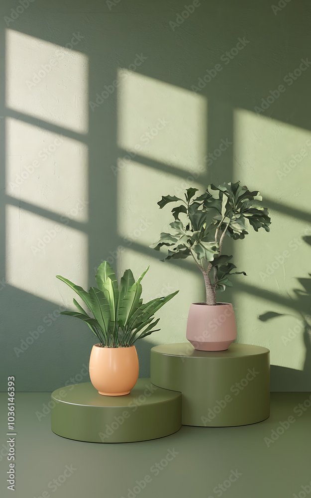 Green plants in pink and orange pots on green podiums with sunlight shadows minimalist home decor Green plants in pink and orange pots on green podiums with sunlight shadows minimalist home decor
