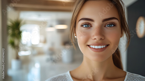 A woman with blonde hair and blue eyes is smiling and looking at the camera