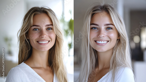 The two images show a woman with blonde hair and a white shirt