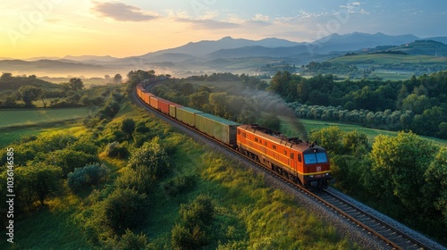 A vibrant freight train makes its way along the tracks, weaving through rolling hills and lush greenery, while the sun rises over distant mountains.