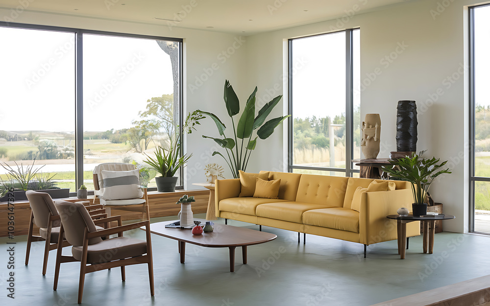Fototapeta premium Yellow Sofa and Green Plants in a Modern Living Room with Natural Light and Minimalist Decor 