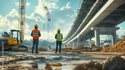 Wallpaper Mural Civil engineers and architects work together to design and build a new highway. At the construction site, a male engineer and a female architect... Torontodigital.ca