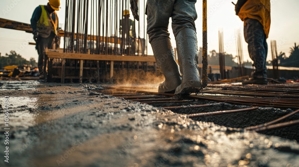A dramatic shot of workers pouring and smoothing concrete for a foundation slab at an industrial plant construction site, Industrial plant foundation scene, Concrete pouring style A dramatic shot of workers pouring and smoothing concrete for a foundation slab at an industrial plant construction site, Industrial plant foundation scene, Concrete pouring style