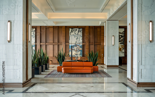 Modern lobby interior design  orange sofa  white marble  minimalist style  luxurious and inviting  hotel or corporate office   